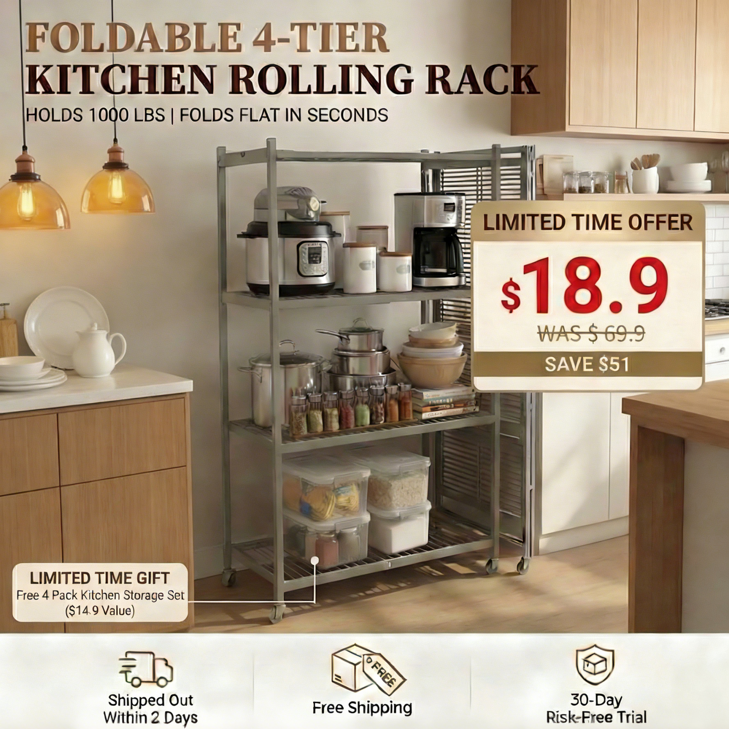 LUMINHOME 4-Tier Foldable Heavy-Duty Rolling Storage Shelving Rack