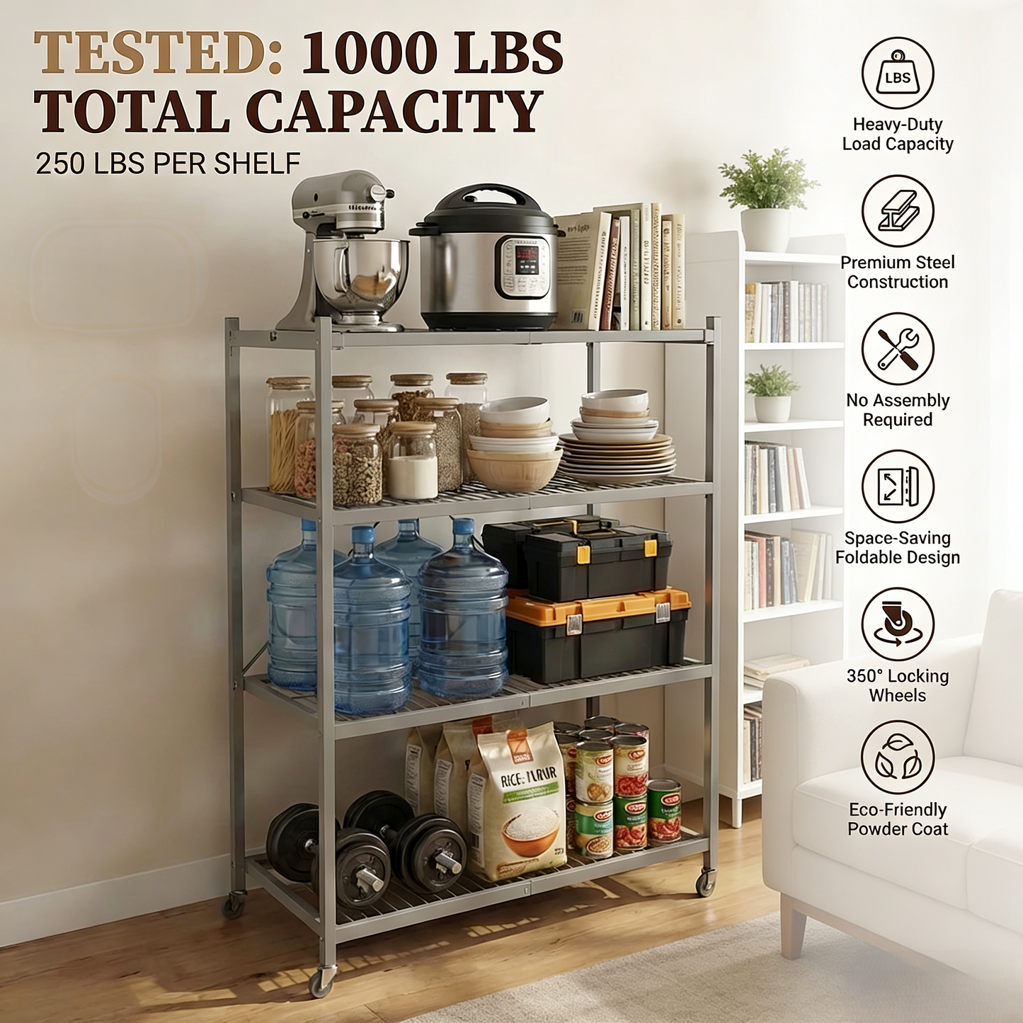 LUMINHOME 4-Tier Foldable Heavy-Duty Rolling Storage Shelving Rack